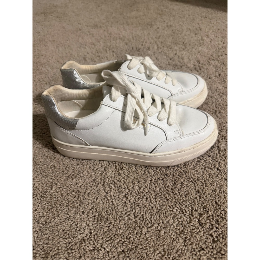Sam Edelman Aubrie White Leather Low Top Sneakers Silver Metallic Heel Womens 7M